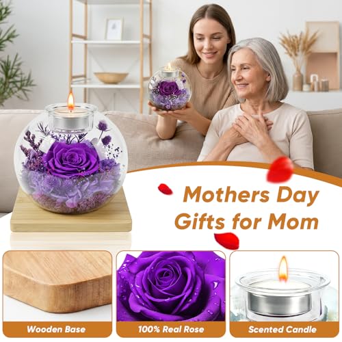 Preserved Real Rose in Glass with Scented Candles for Mom Her Wife Girlfriend Grandma Birthday Anniversary Romantic - color: Zenith Purple