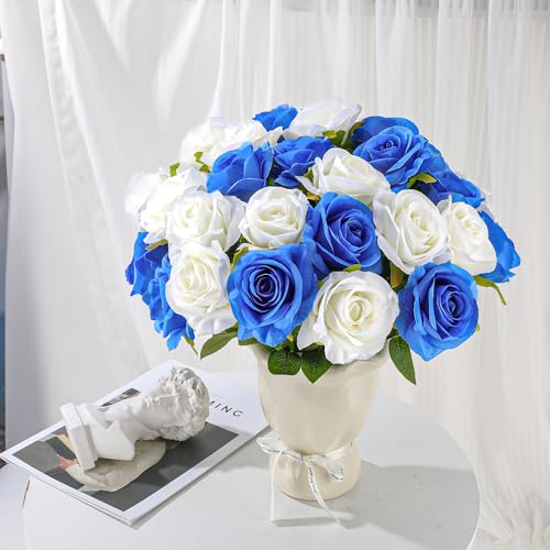 32 Pcs Blue, White Artificial Flowers Roses Fake, Silk Flowers with Stems for DIY Wedding Gothic Bridal Shower Centerpieces Arrangements Tables Decorations - color: Blue, White