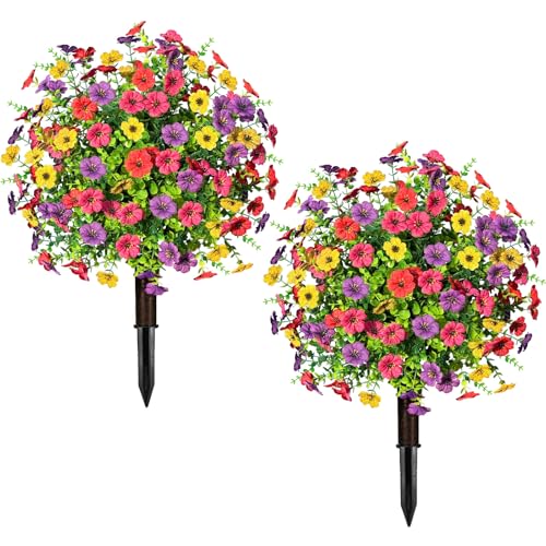 ICX 23.6" Artificial Boxwood Topiary Ball Trees with Flowers Set of 2 | Outdoors Fake UV Resistant Plants Faux Eucalyptus Shrubs Bushes for Porch Patio Garden (Mixed Color) - color: Mix