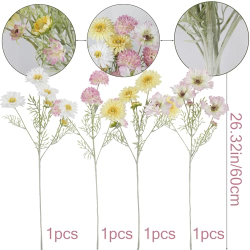 CISDUEO 4 Pcs Artificial Wildflowers Fake Cosmos with Long Stem Silk Flower Mums Artificial Flowers Arrangements for Wedding Bridal Bouquet Table Centerpiece Outdoor Summer Spring Decor - color: Yellow, White, Pink