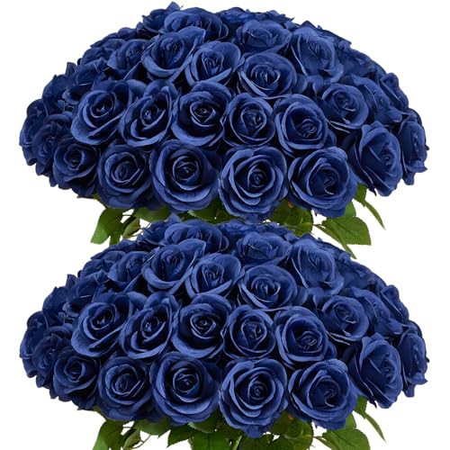 60 PCS Fake Navy Blue Roses Artificial Flowers Bulk Realistic Silk Faux Rose with Stems for Wedding Decoration Anniversary Bridal Bouquet DIY Floral Arrangement Romantic Home Decor Gifts - color: Navy Blue