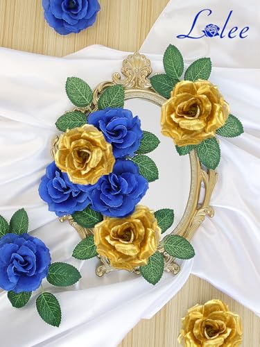 108pcs Roses Head Flowers with Stem - Blue & Gold Artificial Flowers Rose Bulk - Silk Royal Blue Gold Rose Fake Flower for Wedding Bouquet Home Baby Shower DIY Centerpieces Tables Grad Party Decor - color: Gold-blue