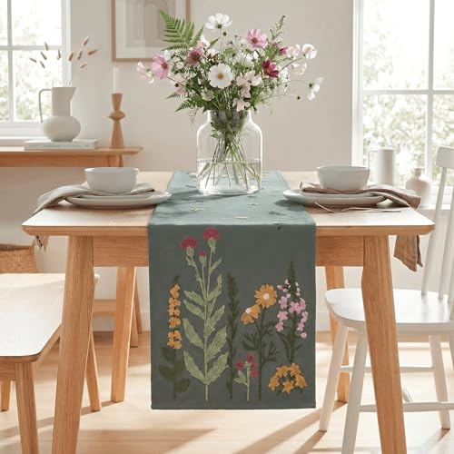 Artoid Mode Grey Soft Chain Embroidery Wild Floral Spring Table Runner, Seasonal Summer Kitchen Dining Table Decoration for Home Party Decor 13x72 Inch - color: Grey, size: 13" x 72", Table Runner