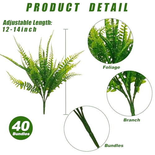 Coreland 40 Pcs Artificial Boston Fake Fern Plants Bushes Faux Plants Shrubs Greenery UV Resistant for House Office Garden Indoor Outdoor Décor - color: 40 Pcs