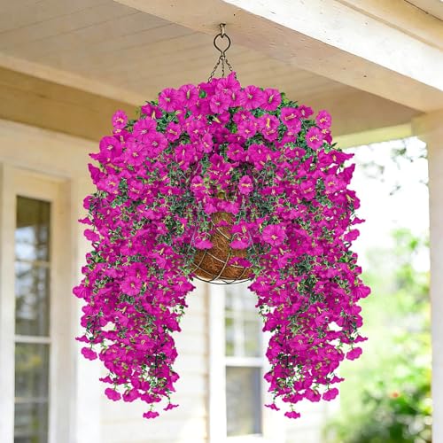 Artificial Hanging Flowers for Outdoors, 4Pcs UV Resistant Artificial Hanging Morning Glory Flowers, Spring Realistic Faux Outdoor Flower for Porch Patio Yard Garden Farmhouse Decor (Fuchsia) - color: Fuchsia