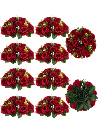 BLOSMON Flower Centerpieces for Tables Wedding: 10 Pcs Crimson Red Artificial Rose Flowers Balls Decoration - 9.5 Inch Fake Silk Kissing Floral Arrangement for Home Party Event DIY Decor - color: Crimson