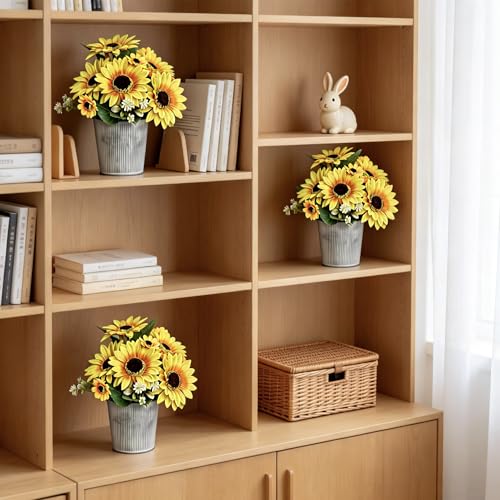 SVENJBB 3-Pack Artificial Sunflower Arrangement in Galvanized Metal Pot, Faux Sunflower Bouquet with Daisies & Greenery, Farmhouse Table Centerpiece Home Décor, 9.5 Inch Height - color: Sunflower Bouquet