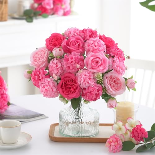 4 Pcs Mixed Artificial Peony Flowers Set-2 Bouquets & 2 Stems, Small Pink Fake Peony Rose Hydrangea Flowers for Vase Silk Floral Arrangements for Table Centerpiece Home Wedding Party Bridal Decoration - color: Mixed Pink, size: Mixed 4pcs