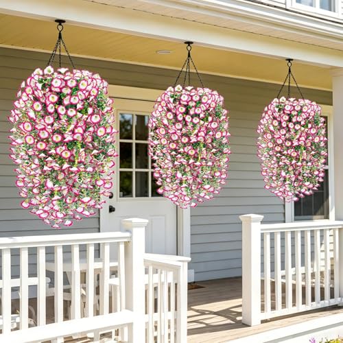 Artificial Hanging Flowers for Outdoors, 6 PCS Silk Morning Glory Artificial Flowers with Eucalyptus Leaves, UV Resistant Fake Flower Realistic Faux Plants for Home Patio Porch Garden, White+Pink - color: White+pink