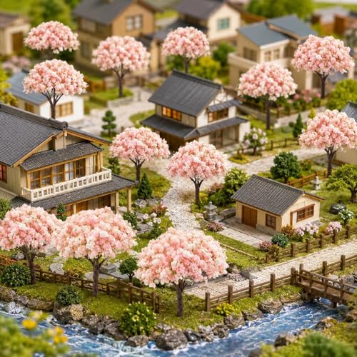 LOGOFUN 30pcs Miniature Cherry Blossom Trees | Mini Model Trees; For Train Railway Architecture Diorama Dollhosue Micro Landscape Sand Table Decor