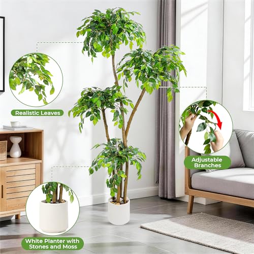 6FT Artificial Ficus Tree with White Planter and Pebbles,Faux Silk Tree with Lifelike Leaves and Realistic Trunk,Tall Fake Potted Plant for Home and Office Décor Indoor and Outdoor (6FT) - size: 6ft