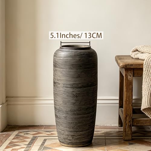 15.7 Inch Rustic Ceramic Large Floor Vase, Ribbed Textured Rustic Farmhouse Vase for Pampas Grass, Living Room & Entryway Décor, Handmade Ceramic Accent - size: 15.7 Inch