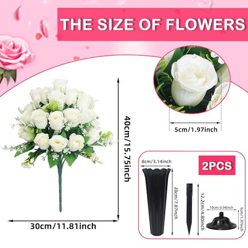 Wocst Artificial Cemetery Flowers for Grave Memorial Day Flowers for Cemetery,2Pack Artificial Silk Roses Daisy Bouquets with Cemetery Vases for Outdoor Grave Decorations ﻿ (White) - color: White