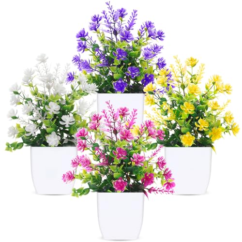 CEWOR Fake Flowers 4 Packs Faux Potted Flower Lavender with Eucalyptus Flowers Small Decorations for Spring Desk Bathroom Office Home Room Table Decor Indoor Outdoor - color: Purple Fuchsias Yellow White