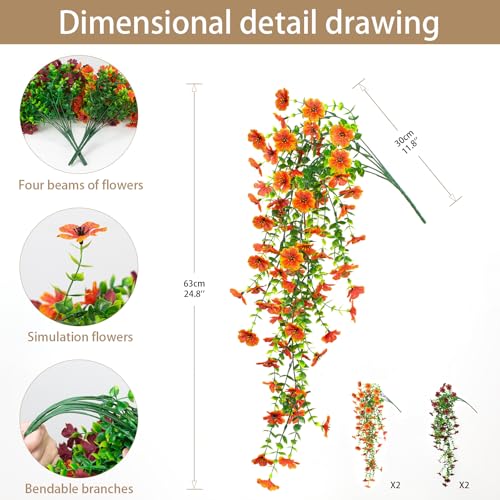 4Pcs Artificial Flowers Hanging Garden Decoration Outdoors Fall Realistic Plants Silk Flower Autumn Fake Flowers for Porch Patio Balcony Planter Yard (Dark Red+Orange) - color: Dark Red+orange
