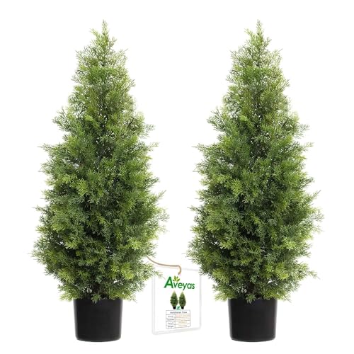Aveyas 3ft Artificial Cedar Topiary Trees for Outdoor Front Porch Door, 3 Feet Faux Potted Plants Evergreen Fake Pine Cypress Tree for Outside Home Decor (3 ft Tall) - Set of 2 Pack - color: Cedar Topiary Trees - 2 Pack (3ft), size: 3 feet
