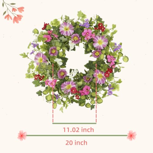 YNYLCHMX 20" Spring Summer Wreaths for Front Door, Artificial Floral Wreath with Pink Daisy & Green Eucalyptus Leaves, Green Foliage Wreath for Wall Window Farmhouse Party Holiday Home Decor - color: Pink Daisy