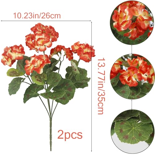 CISDUEO 2 Pcs Artificial Geranium Flowers for Outdoors Silk Geraniums Fall Flowers Orange Geranium Bush Faux Flowers for Outdoor Planter Decor Indoor Garden Porch Grave Cemetary Table Centerpiece - color: Orange