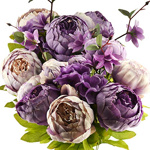 FiveSeasonStuff Dusty Purple & Greenery Accents Artificial Peony Bouquet, Two Coordinating Faux Silk Flower Bundles with Hydrangeas - color: Dusty Purple Green Mix