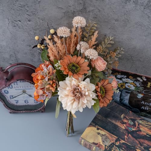 17-inch Artificial Fake Faux Flowers Silk Flower Arrangements Bouquets with Dandelions, Dahlias, Hydrangeas, Sunflowers, Roses, Astilbes and Shooting Star Branches(Autumn Haze) - color: Autumn Haze