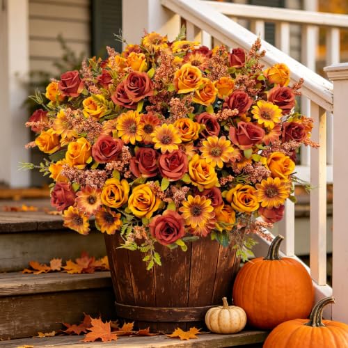Fall Flowers Artificial for Outdoor Decoration, 6 Bundles Faux Fall Flowers Fake Rose with Artificial Mums for Front Porch Garden Patio Window Box Outside Autumn Home Indoor Decor (Fall Orange) - color: Fall Orange