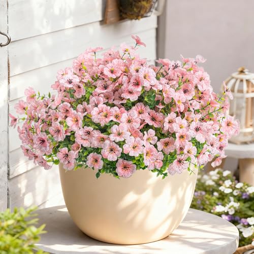 Artificial Flowers for Outdoors Decoration for UV Resistant Silk,16 Bundles | Artificial Violet Flowers for Outdoor Decor, Realistic Fake Plants for Porch,Garden,Window Box,All Pink - color: Pink