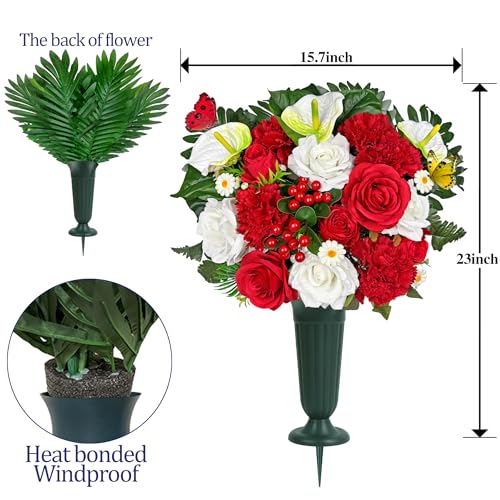 Artificial Cemetery Flowers for Grave,Memorial Flowers Bouquet with Vase for Headstones Decoration,Bright and Vibrant Red Rose Carnation - color: White