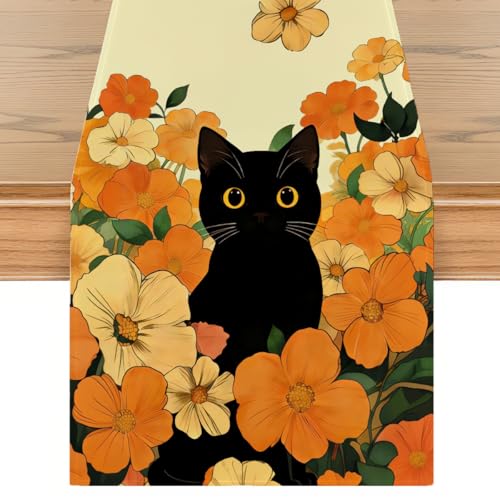 Black Cat Spring Table Runners Floral Spring Table Runner for Home Cat Decorations for Home Office Kitchen Farmhouse Apartment Living Room 13 x 72 Inch - color: Black Cat 07