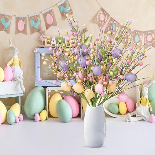 Sggvecsy Artificial Easter Stems 6 Pcs Spring Berry Picks with Eggs Colorful Berries Leaves Twig Branches Sprays for Easter Celebration Arrangement Centerpiece Home Vase Decor - color: Colorful