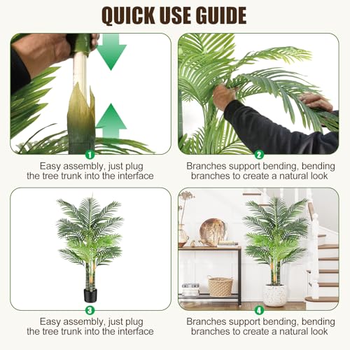 4ft Tall Triple Golden Cane Palm Artificial Tree Large Tropical Palm Tree UV Resistant Fake Plant in Pot for Indoor Outdoor Big House Living Room Outside Patio Office Home Decor 1Pack - size: 4ft