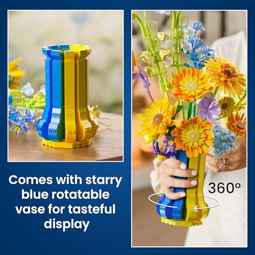 Sunflower Bouquet Building Set with Vase, Gift for Mom Wife Women Girlfriends Adults Couple Teens, Artificial Botanical The Starry Night Flower for Home Office Décor (1147 PCS) - color: Yellow and Blue