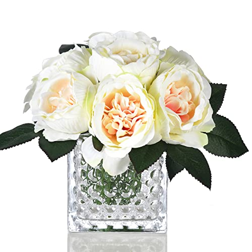 Artificial Peony Silk Flower Centerpieces Faux Floral Arrangement in Glass Vase for Home Wedding Table Decoration (Champagne) - color: A-champagne