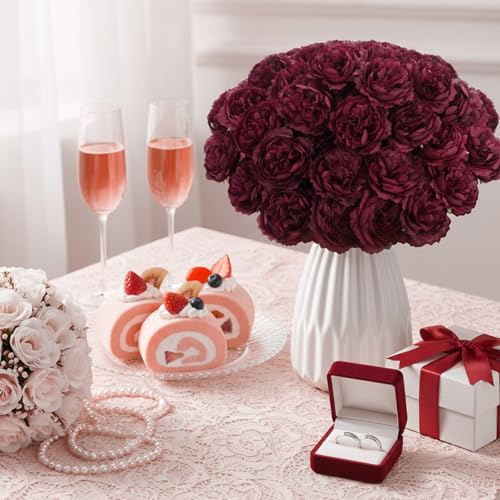 Thiccywoov 200 Pcs Flowers Long Stem Artificial Rose Bulk, 3.2 Inches Silk Rose Head Flowers Faux for Wedding Bridal Bouquet Independence Day Home Floral DIY Centerpieces Party Decoration(Burgundy) - color: Burgundy