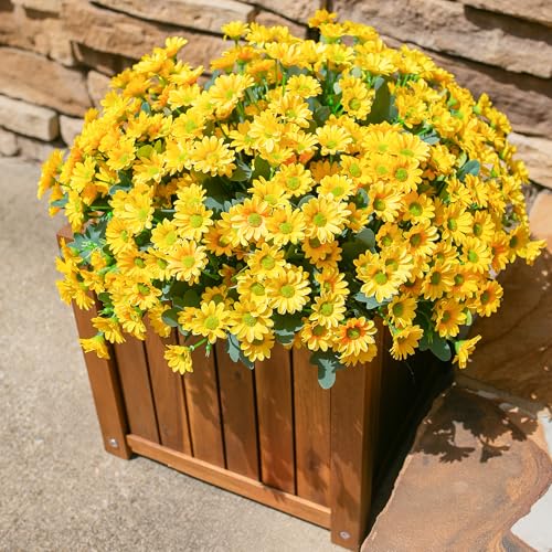 Daisy Artificial Flowers for Outdoors Decoration, 6 Bundles Fake Plants Flowers Bouquet Faux Flowers for Outdoor Planter Look Real UV Resistant Silk Flowers for Outside Front Door Porch Patio, Yellow - color: Yellow