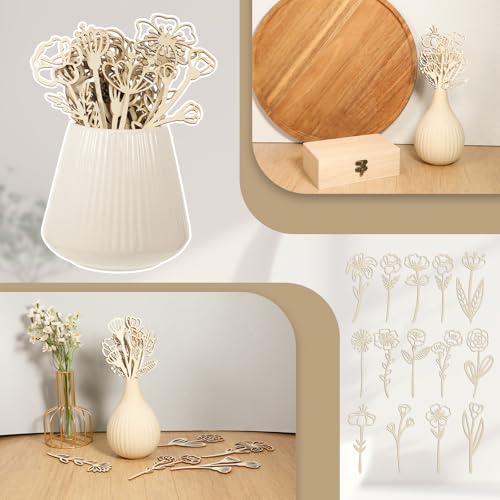 Ptwola 54PCS Wooden Wildflower Decor Set Wood Colorable Flowers Floral Cutouts Signs Laser Cut Stems Crafts Bouquet Boho Wall Decals for Home Birthday Holiday Art DIY Nursery Bedroom Decoration