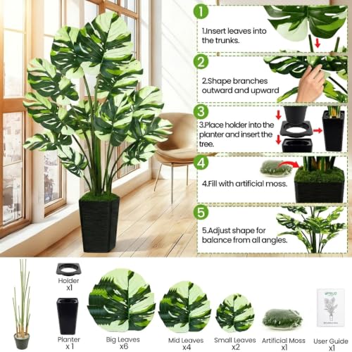 UPBUD Artificial Monstera Deliciosa Plant, 5FT Fake Tree with Real Touch Leaves & Black Square Planter, 60in Tall Faux Plants Floor Trees for Indoor Outdoor Home Living Room Office Decor - color: White Leaves Black Planter