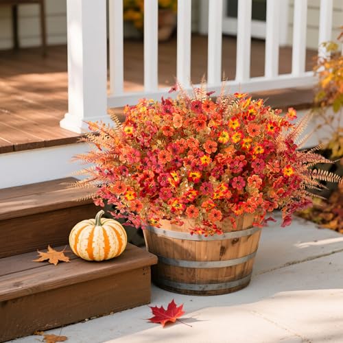 12 Bundles Fake Mums Fall Flowers Artificial for Outdoors Decoration Artificial Mums Faux Plants Daisy for Outdoor Outside Planters UV Resistant Violets for Fall Decor Home Porch Door Front Patio Yard - color: Z2-orange, Autumn Red, Sunset Blush, Fernwood