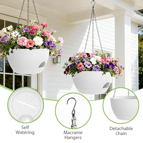 8 Inch Hanging Planters for Indoor Outdoor Plants, 4 Pack White Plastic Self Watering Hanging Baskets with Drainage Holes and Chain for Garden Porch - color: White