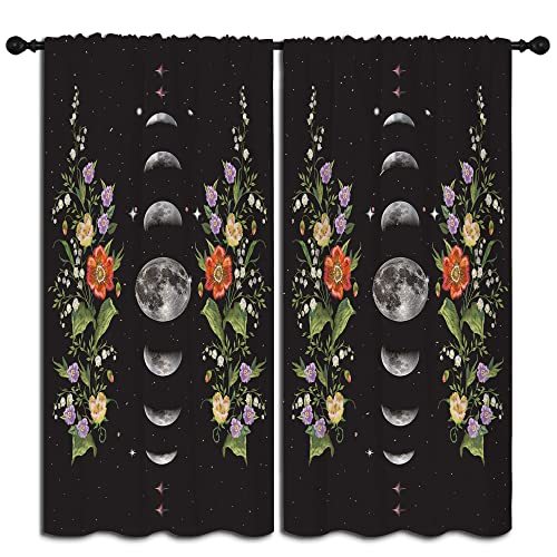 Boho Floral Flower Rod Pocket Blackout Curtains for Boy Girl Bedroom, Moon Phase Moonlit Garden Witchy Gothic Aesthetic Thermal Insulated Home Window Drapes for Living Room Darkening, 42x45 inch - color: Boho Floral Flower-001, size: 42"W x 45"L (Pack of