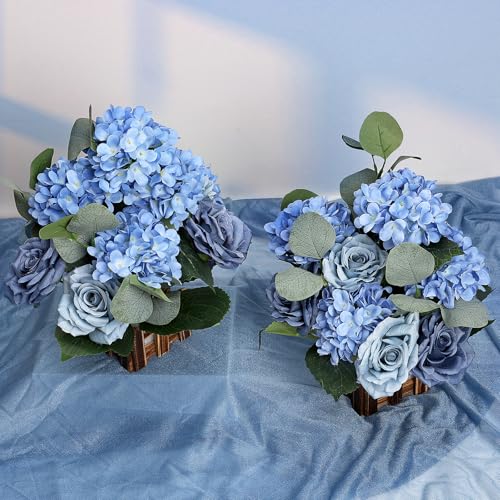 11.8’’ Tall Free Standing Artificial Flowers, 4Pcs Artificial Flowers Arrangement with Basket, Dusty Blue Rose Hydrangea Decorations for Wedding Archway Aisle Welcome Entrance Table - color: Dusty Blue