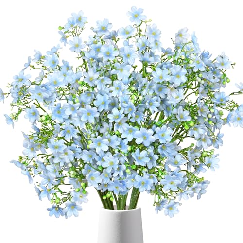 TOCHGREEN 10PCS Artificial Silk Flowers with Long Stems Faux Bulk Babys Breath Flowers Fake Silk Flowers Bouquet for Floral Arrangement Tall Vase Home Wedding Table Centerpieces Decor (Light Blue) - color: Light Blue