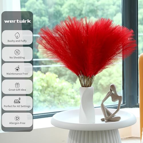 Wertuirk 60pcs Red Pampas Grass Decor - 24 Inch Short Artificial Pampas Grass Decor, Fake Pompas Floral for Vase Filler, Wedding Flower Arrangement, Party and Home Decor (Red) - color: A Red, size: 60 Pieces