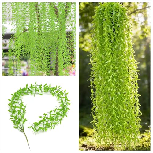 Artificial Hanging Vines Fake Ivy Green 10, Pack Plastic Stems Greenery Faux Weeping Willow Plants Leaves Vine for Wedding Party Indoor Outdoor Home Decor Garden Balcony Patio Planter DIY Decorations - color: Willow Branches - Green 10 Pack