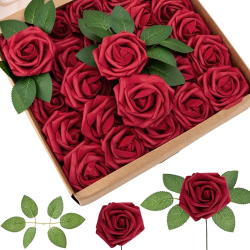 Cliselda 100Pcs Red Fake Roses Artificial Flowers with Stems, Valentine's Day Mothers, Real Touch Foam Rose Bulk Faux Flowers for Wedding Bouquets Centerpieces Flower Arrangement - color: Red