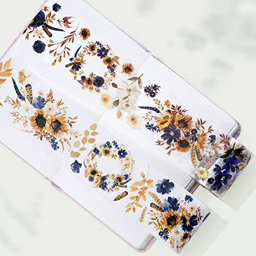 WT PET Tape, Floral Sunflower & Navy Design, Wide Decorative Craft Tape, Single Roll, Clear Transparent Tape for Bujo Planner & DIY Scrapbooking Supplies - color: WT Sunflower & Navy PET Tape