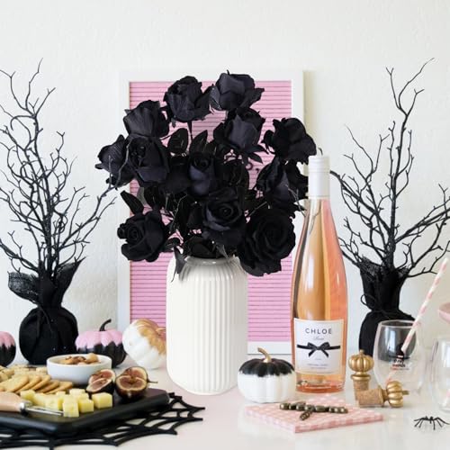 12 Pcs Black Roses Artificial Flowers with Long Stem, Faux Silk Rose Bouquet Realistic Lifelike Fake Floral Bundles for Halloween Valentine's Day Wedding Party Table Centerpiece Decor, Small - color: Black, size: Small