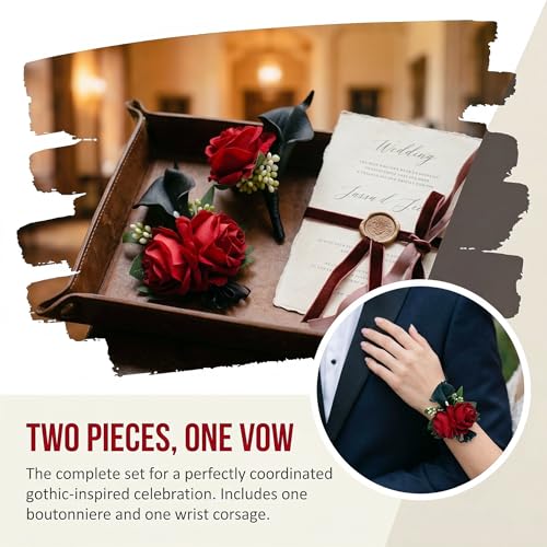 Red Rose Wrist Corsage Wristlet Band Bracelet and Men Boutonniere Set with Black Calla Lily for Wedding Flower Accessories Prom Suit Decorations