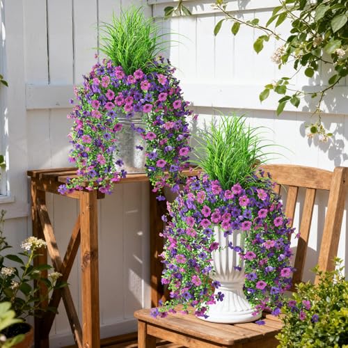 Hommyea Artificial Hanging Flowers for Outdoors with Wheat Grass, 5 Pcs Fake Hanging Plants for Spring Decor, UV Resistant Faux Silk Flower Greenry for Planter Porch Patio Yard Garden(Double Purple) - color: Z Double Purple With Grass