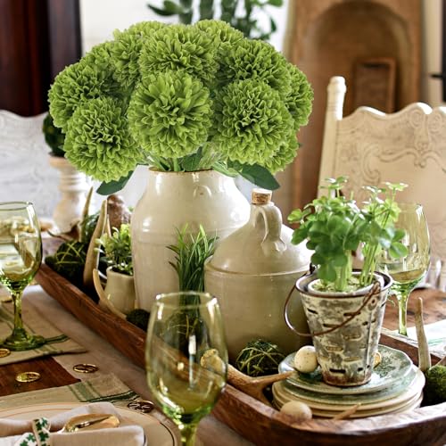 Hananona 12 Pcs Artificial Chrysanthemums Flowers Ball Flower, Fake Mums Flowers Green Silk Flowers for Home Decor Indoor Floral Arrangement St Patricks Day Table Centerpiece (12, Green) - color: Green