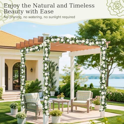 Lewondr Artificial Eucalyptus Garland with Flower - 4 Rose 4 Peony, 6FT Faux Floral Greenery Garlands Fake Flowers Vines, Maintenance-Free for Wedding Table Shelf Backdrop Party Room Decor, White - color: White, size: 1 Pack